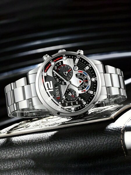 Shein - 2pcs/Set Men's Stainless Steel Quartz Watch Business Fashion Wristwatch With Gold Chain Bracelet, Date Feature