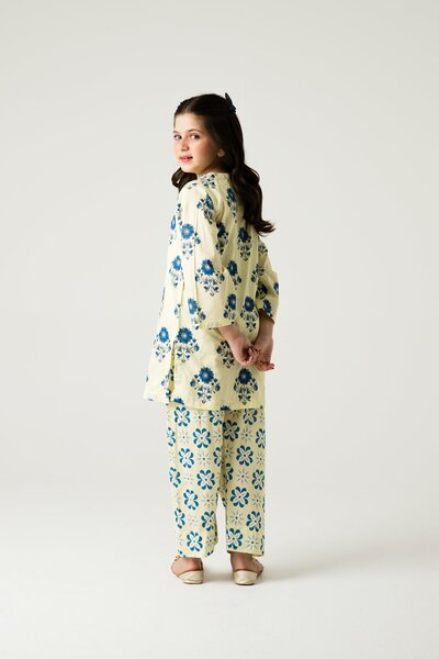 Off-White Blue Floral Kurta Shalwar - 2pc