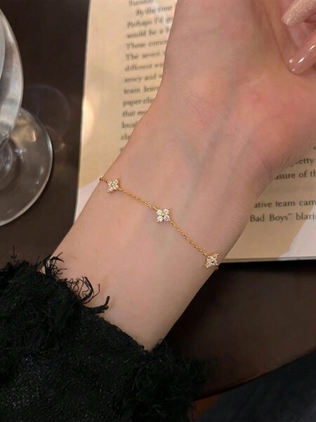 Shein - 1pc S925 Sterling Silver Bracelet - Floral & Rhinestone Design, Simple, Versatile; For Daily Wear, Gift For Best Friend, Girlfriend