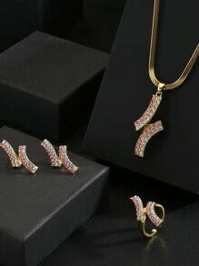 Shein - 4pcs/Set Luxury ECG Cubic Zirconia Micropaved Shiny Pendant Necklace + Earrings + Ring Set
