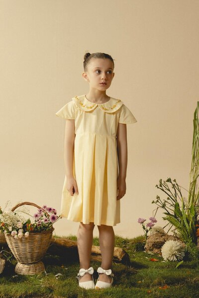 Marigold | Cream cotton blend pleated dress with hand-embroidered collar