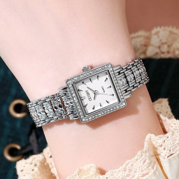 Shein - 1pc Women's Vintage Rhinestone Decor Luxury Elegant Water Resistant Fashion Simple Style Square Quartz Ladies Watch Silver