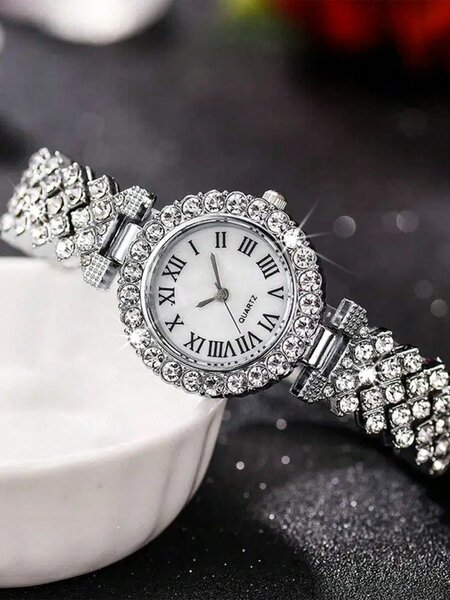 Shein - 2pcs Ladies Roman Numerals & Rhinestone Decor Quartz Watch And Heart Charm Bracelet Set