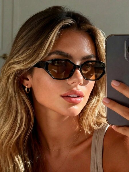 Shein - 1 Pair Women'S And Men'S Brown Polygon Retro Fashion Sunglasses