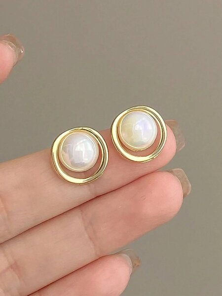 Shein - 6pcs/Set Minimalist Small Vintage Faux Pearl Flower Cluster Square & Round Geometric Earring Set