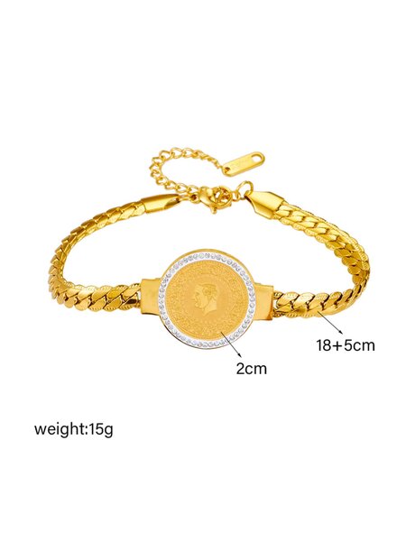 Shein - 1pc Metallic Twisted Curb Chain With Round Plate & Printed Portrait & Rhinestone Decor Accessory Bracelet