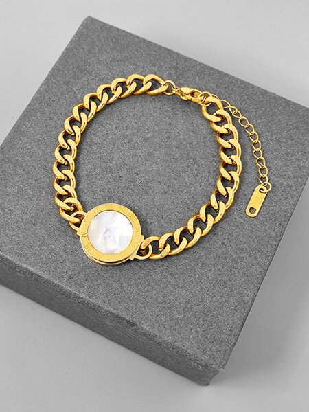 Shein - 1Pc Stainless Steel Cable Chain Double-Sided Black & White Shell Roman Numbers Charm Bracelet