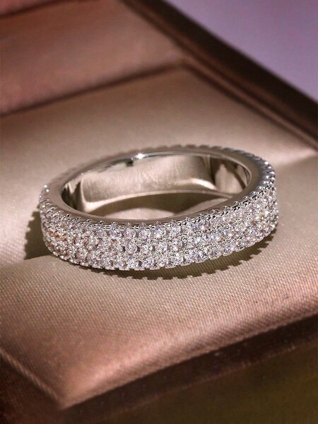 Shein Exclusive - 1pc Simple Micropavé Diamond Stacked Band Ring  Ring Ladies Jewelry For Women S925 Sterling Silver Exquisite Double Layer Ring Fine Jewelry Gift For Girls Daily Life Decor