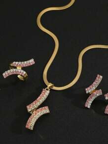 Shein - 4pcs/Set Luxury ECG Cubic Zirconia Micropaved Shiny Pendant Necklace + Earrings + Ring Set