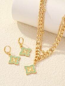 Shein - Women's 3pcs/Set Drip Oil Four Leaf Clover Earrings, Multi-Layer Pearls And Chain Elegant Set Blu Green
