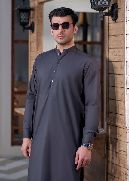 Shahkaar by Buraq Mens RTW Solids Wash N Wear 2 Piece Suit Grey Ban Casual Collection