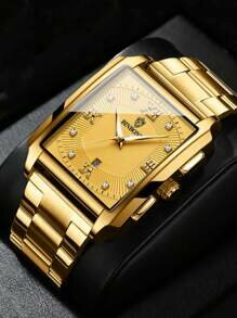 Shein - Men's Watch Gold Strap Rhinestone Square Dial Calendar Pointer Quartz Watch, For Daily Life Waterproof Father