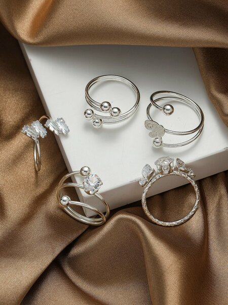 Shein - 5pcs/set Fashionable Zinc Alloy Cubic Zirconia & Butterfly Decor Cuff Ring For Women For Party Decoration