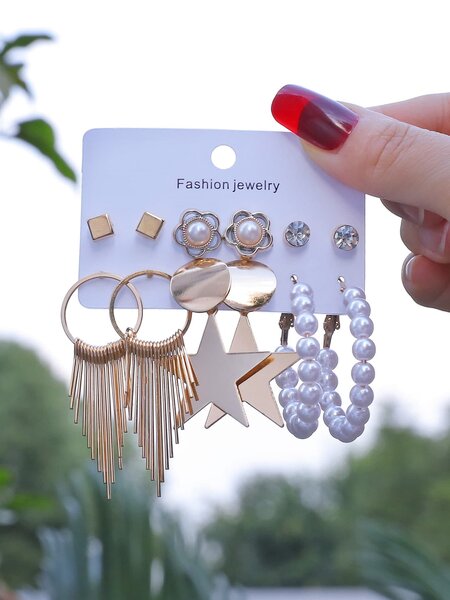 Shein - 6pairs Star & Faux Pearl Decor Earrings