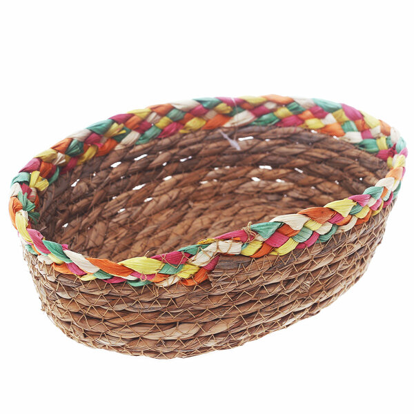 Handwoven Round Brown Basket with Multicolor Braided Rim – Small Natural Fiber Storage Organizer