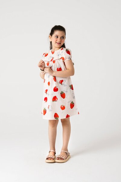 Strawberry Sketch Printed Cotton Dress
