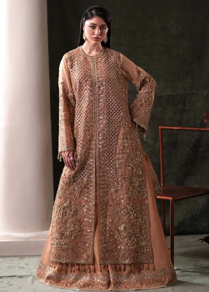 Starlet Jewels by Emaan Adeel Unstitched Embroidered Organza 3 Piece Suit EA26USF Hessonite - Wedding Collection