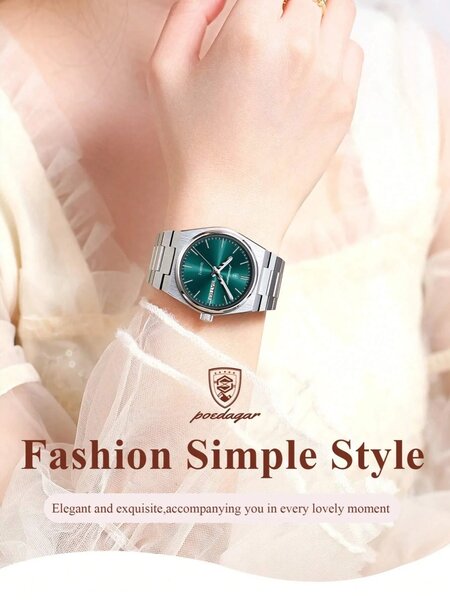 Shein - 1pc Elegant Women's Stainless Steel Date & Day Waterproof Luminous Quartz Watch