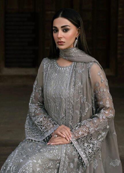 Humsafer by Lavish Premium Unstitched Embroidered Chiffon 3 Pcs Suit LVP26UH H-02 Gentle Grey - Festive