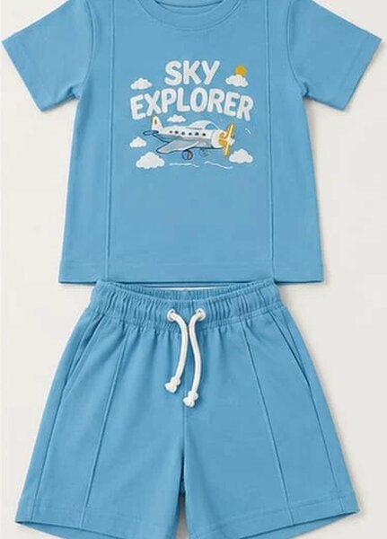 Lambkin Kids RTW Printed Cotton 2 Piece Suit Sky Tee N Shorts Set - Casual Collection