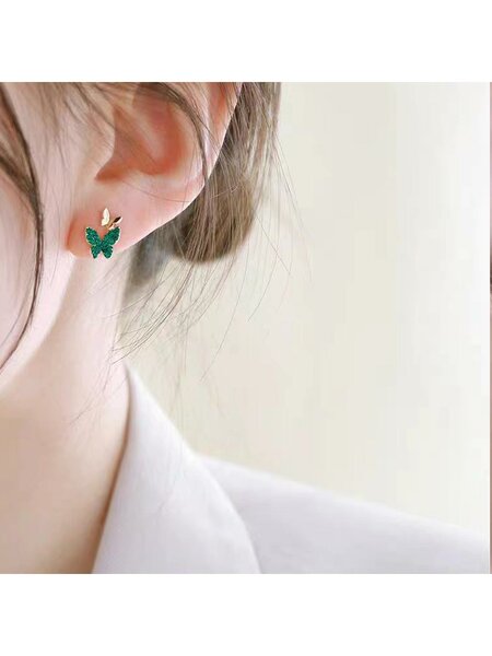 Shein - Vintage Butterfly Stud Earrings, Fresh Fashion, Minimalist Forest Style, Green Earring, Mini Cute Earring