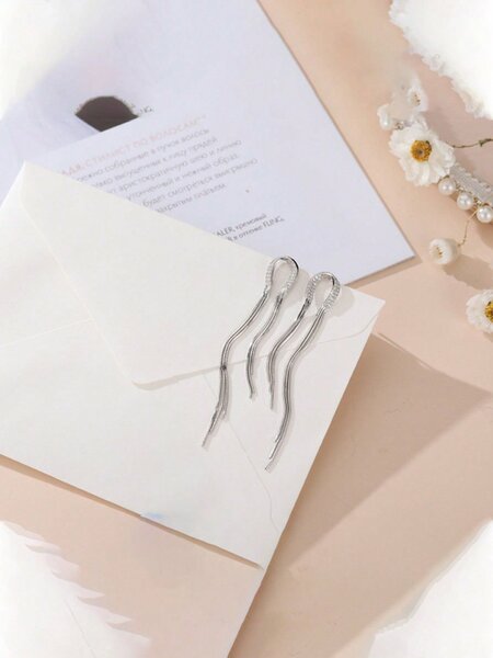 Shein Exclusive -  Exclusive 1pair Original Design Fashionable Rose Gold Plated & 925 Silver Tassel Pendant Earrings With Zirconia For Women's Birthday Gift, Comes With Gift Box