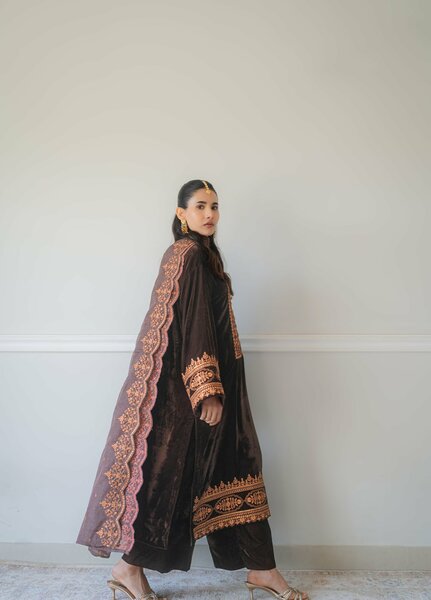 Atelier Velours by Rashid Textiles RTW Embroidered Velvet 3 Piece Suit RT26RAV Cocoa - Festive Collection