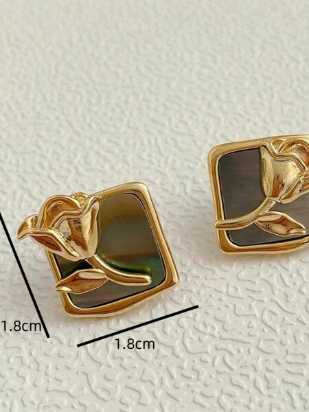 Shein - 1pair New Trendy & High-End & Fashionable & Vintage Geometric Metal & Rose Flower Shaped Earrings With 925 Sterling Silver Pin For Women