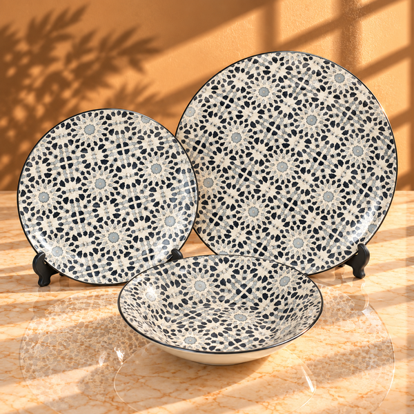6 Person (18pcs) Grey Floral Medallion Plate Set – Elegant Ceramic Dinnerware Collection