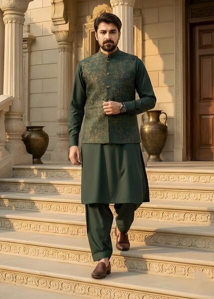TGM Men RTW Textured Blended 3 Piece Suit Basil Green Festive Collection