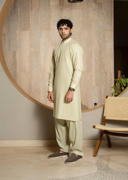 Buraq Men RTW Solids Wash N Wear Kurta Shalwar Suit Cream Casual Collection