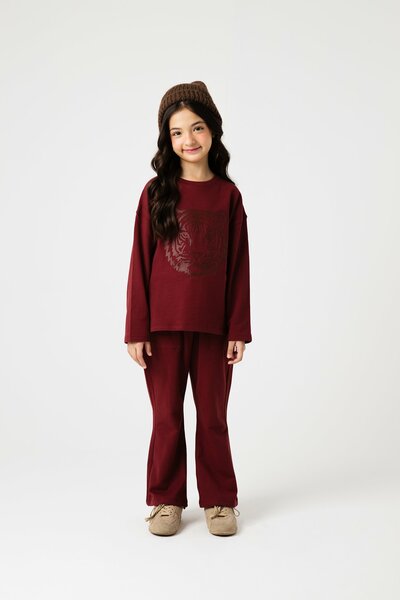 Girls Tiger Choco Maroon Terry Co-ord Set