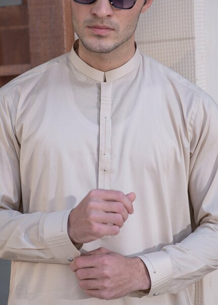 Aks e Shaam by Buraq Mens RTW Solids Cotton 2 Piece Suit Beige Casual Collection