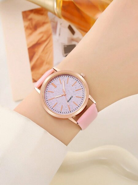 Shein - 1 Set Fashion Minimalist Leather Strap Quartz Watch + Heart Shaped Accessory For Women