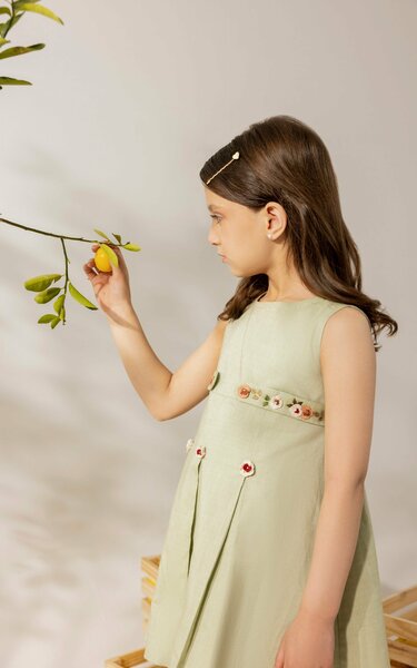Olive groves | Cotton chambray frock with pleats and floral embroidered belt
