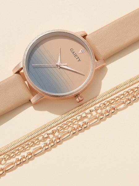 Shein - 1pc Ombre Round Pointer Quartz Watch & 1pc Layered Bracelet