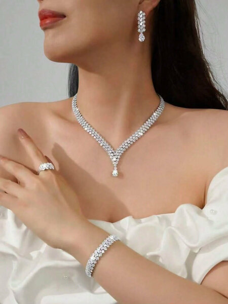 Shein - 5Pcs/Set Women'S Fashion Light Luxury Rhombus Water Drop Shaped Sparkling Crystal Zirconia