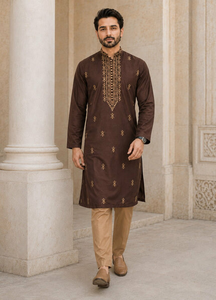 TGM Mens RTW Chikankari Chikankari Kurta Pajama Suit Aeron Brown Festive Collection