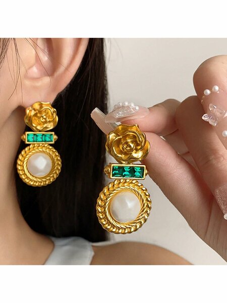 Shein - 1Pair New Fashion Antique Style Turquoise & Green Cubic Zirconia Inlaid Flower Dangle Earrings Palace Retro Vintage Fashionable Exaggerated And Elegant For Wedding Gift, Party Dressing, Daily Wear