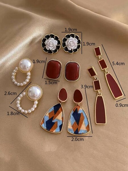 Shein - 5pcs Set Minimalist Vintage Faux Pearl Flower Hollow Heart Mix Color Luxury Niche Elegant Stud Earrings