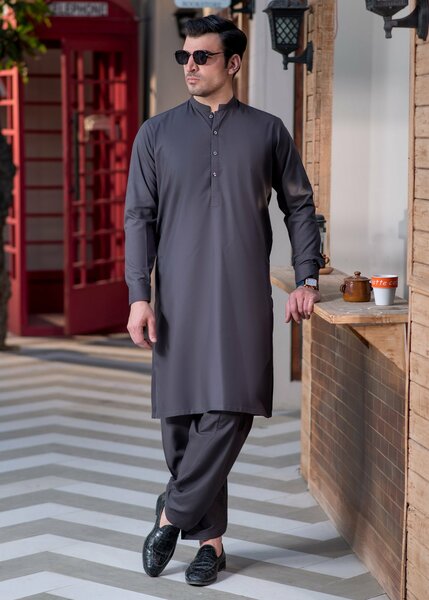 Shahkaar by Buraq Mens RTW Solids Wash N Wear 2 Piece Suit Grey Ban Casual Collection