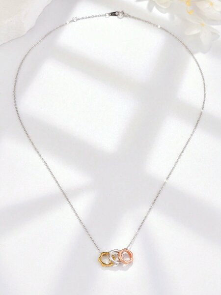 Shein - 1pc Fashionable Simple Exquisite Three-Tone Design 925 Sterling Silver Cubic Zirconia Necklace, Perfect For Festival, Party, Gift And Daily Wear