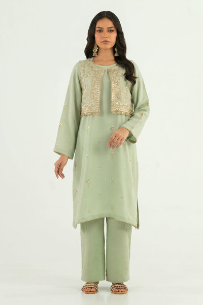 Viscose Raw Silk Embroidered Shirt And Trouser With Waistcoat