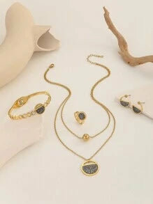 Shein - 1set(5pcs) Round Earrings, Ring, Necklace Jewelry Set
