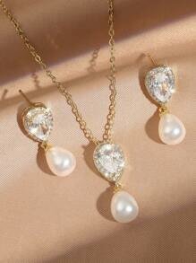 Shein - Rakol 3pcs Fashionable & Luxurious Copper Cubic Zirconia Pearl Waterdrop Shape Necklace And Earrings Set