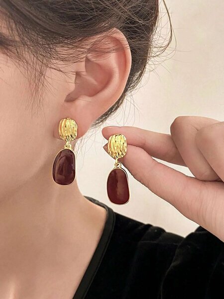 Shein - 5pcs/Set Square Burgundy Floral Enamel & Faux Pearl Stud Earrings, Fashionable Elegant Geometric Earrings Set