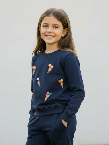 Ixample Kids Pret 2 Piece Hand work Set Navy Waffle Sweatshirt And Trouser - Winter Collection