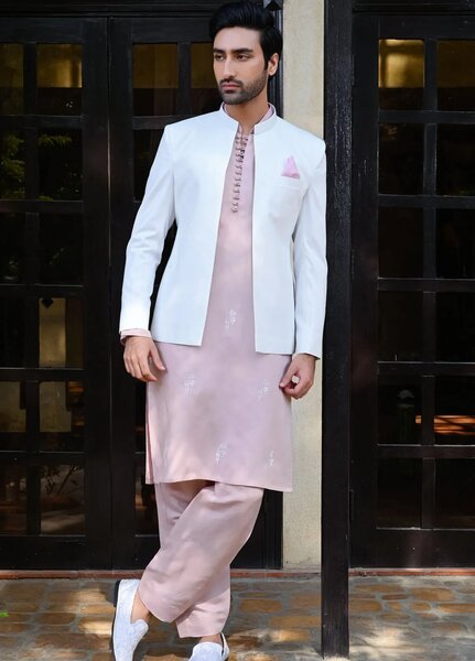 HK Fashion Suiting Mens - White Self Prince Coat