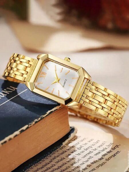 Shein - 6Pcs Stainless Steel Watch Band, Quartz Watch With Water Drop Necklace Bracelet Ring Earrings Set - Gold