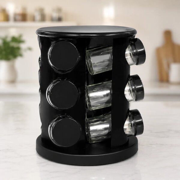 12PCS Revolving Spice Rack Set – Luxury Black & Gold Rotating Spice Organizer